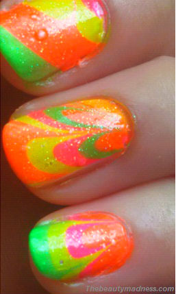 Water Marble Nail Art: Sparkling Neon Flower Nails - thebeautymadness