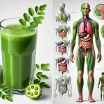 DALL·E 2024-09-23 12.43.15 – A glass of green moringa juice placed on the left side of the image, looking fresh and vibrant, with visible tiny moringa leaf particles floating in i